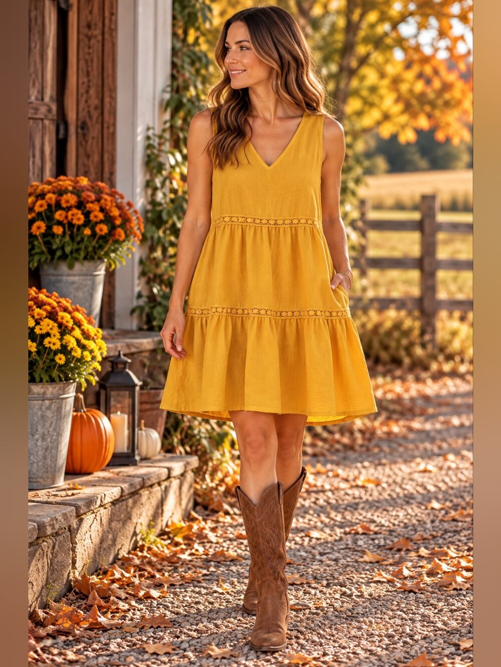 Rachel Zoe 100% Linen Mustard Tiered Dress L Boho V Neck